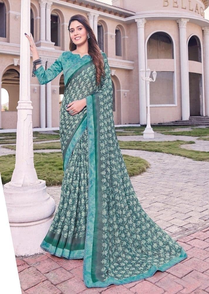 Digital Printed Georgette Saree in Grey