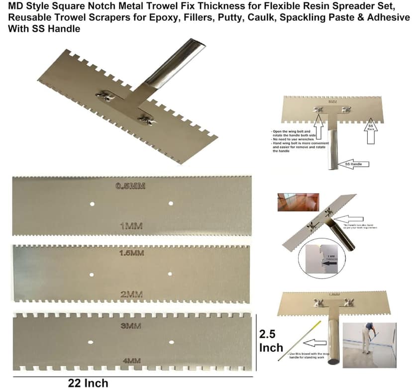 MD Style Square Notch Metal Trowel Fix Thickness for Flexible Resin Spreader Set, Reusable Trowel Scrapers for Epoxy, Fillers, Putty,Spackling Paste view 3