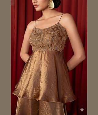 BHAGYASHRAY Women Cotton Silk Embroidered Ethnic Motifs Kurti With Palazzo ( Brown )