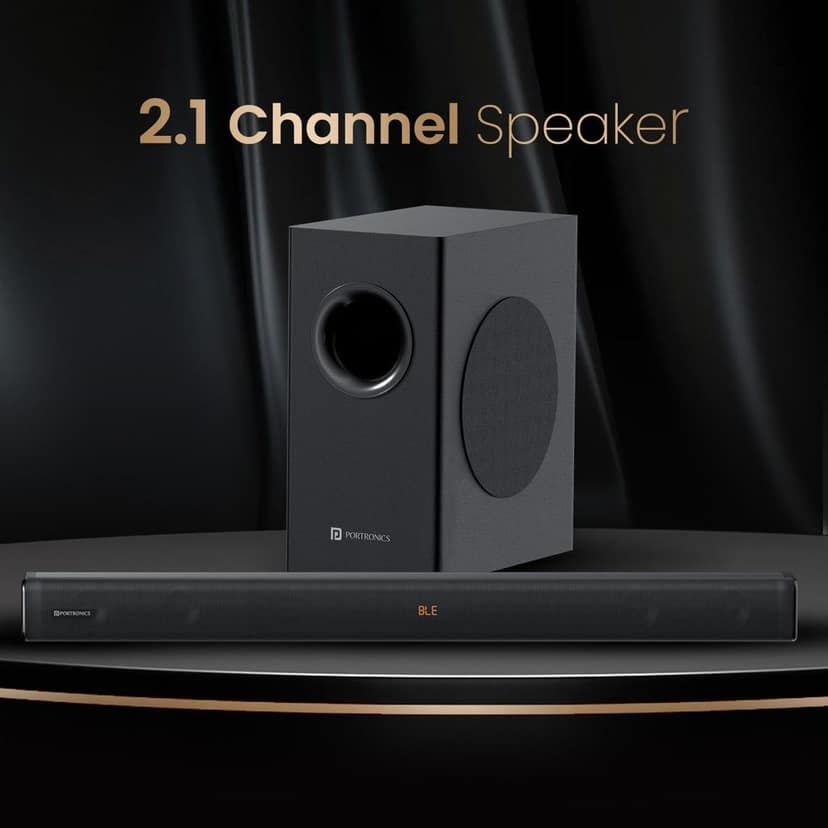 Portronics Pure Sound 107 | 200W Soundbar with Subwoofer for Deep Bass, 2.1 Channel Home Theatre, 3D Surround Sound, HD Sound, 3 EQ Modes, Bluetooth 5.3V, HDMI, AUX in, USB, Optical Port (Black)