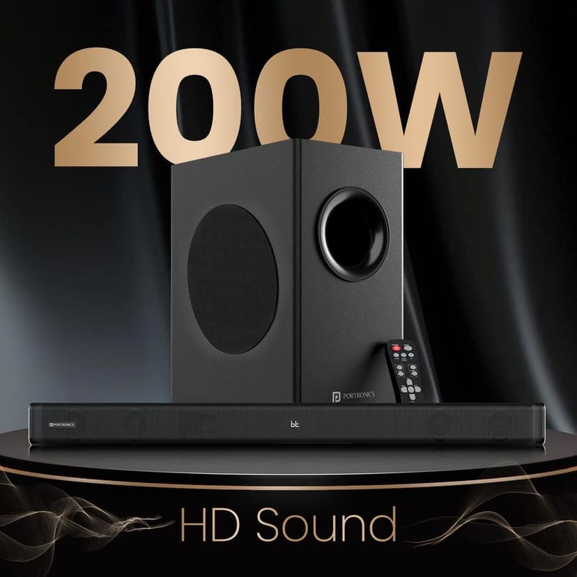Portronics Pure Sound 107 | 200W Soundbar with Subwoofer for Deep Bass, 2.1 Channel Home Theatre, 3D Surround Sound, HD Sound, 3 EQ Modes, Bluetooth 5.3V, HDMI, AUX in, USB, Optical Port (Black) view 3