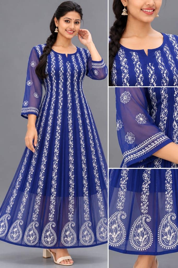 Mrs Right Women’s Lucknowi Chikankari Anarkali Kurta in Soft Georgette | Handcrafted Floral Embroidery | 3/4 Sleeves | 45 Inch Length | 74 Inch Flare | Festive Ethnic Wear view 2
