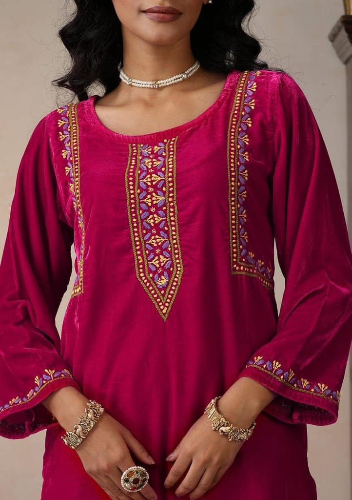 Velvet Chikankari Solid Women's 2 PC Long Kurta Set - Pink view 5