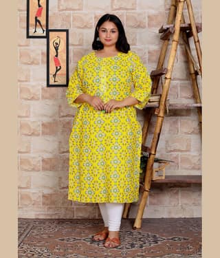 JC4U Cotton Blend Printed Straight Women's Kurti - Yellow ( Pack of 1 )