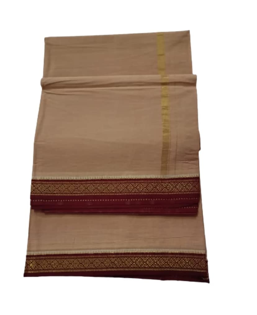 Jinka Lakshmi Collections 100% Handloom Biege Color Cotton Dhoti With Zari Border Up and Down 4 Meters Unstitched Pack of 2 (Multicolor-05) view 8