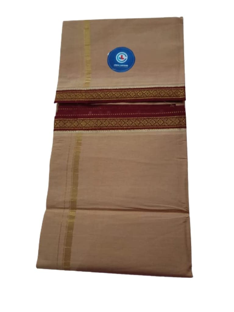 Jinka Lakshmi Collections 100% Handloom Biege Color Cotton Dhoti With Zari Border Up and Down 4 Meters Unstitched Pack of 2 (Multicolor-05) view 9