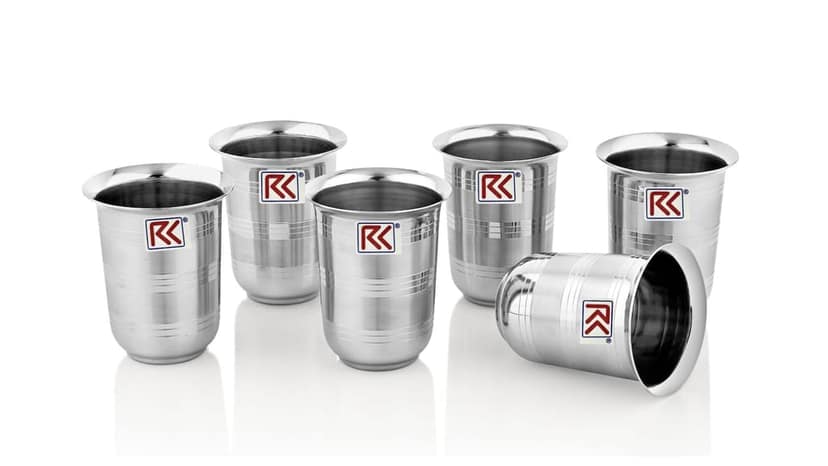 RK 18Guage Mayuri 8Kt Premium Stainless Steel Deep Royal Touch Finish Tableware Drinkware Tumbler Drinking Glasses for Home, Restaurants, Office Capacity 330Ml - Set of 6 Silver