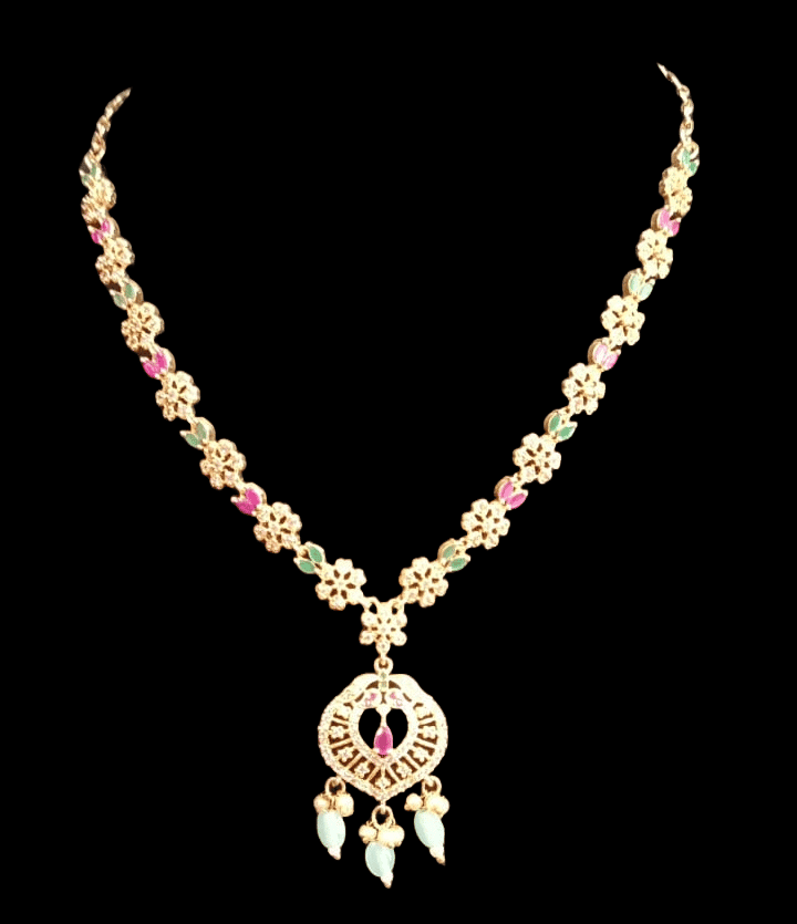 Stunning Gold-Plated Kundan Necklace Set with Pink and Green Stones view 2