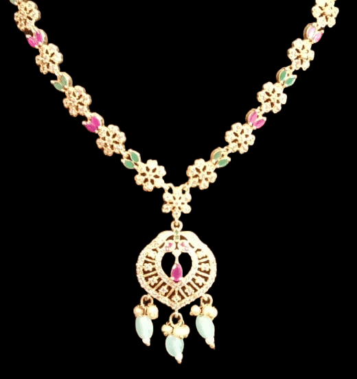 Stunning Gold-Plated Kundan Necklace Set with Pink and Green Stones view 3