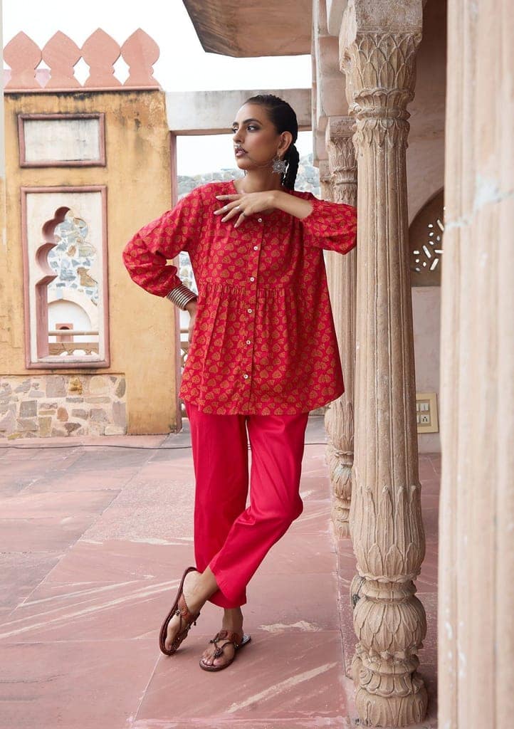 HOC Crafts Glazed Cotton Hand Block Printed with Hand Embroidery Women's 2 PC Co-ord Set - Pink view 3