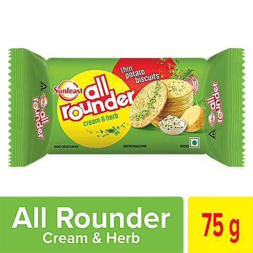 Sunfeast All Rounder - Thin, Light & Crunchy Potato Biscuit With Cream & Herb Flavour, 75 g Pouch