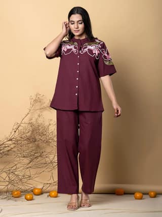 Maroon Cotton Floral Embroidered Top and Pant Co-ord Set