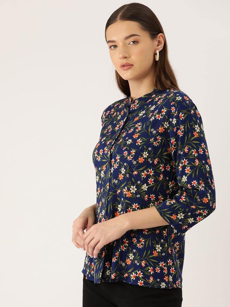 Floral Print Mandarin Collar Shirt Style Top view 3