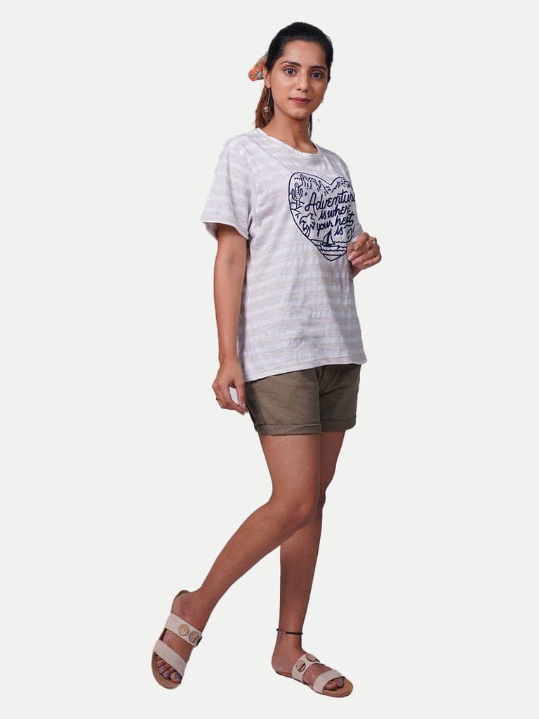 Women Beige Striped Printed T-shirt view 2