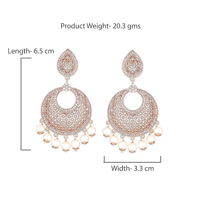 Stunning Cubic Zirconia Chandbali Earrings with Pearls in Rose Gold Plating