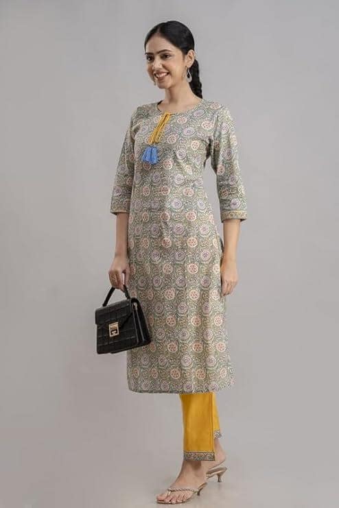 Yellow and Green printed kurti and pant set