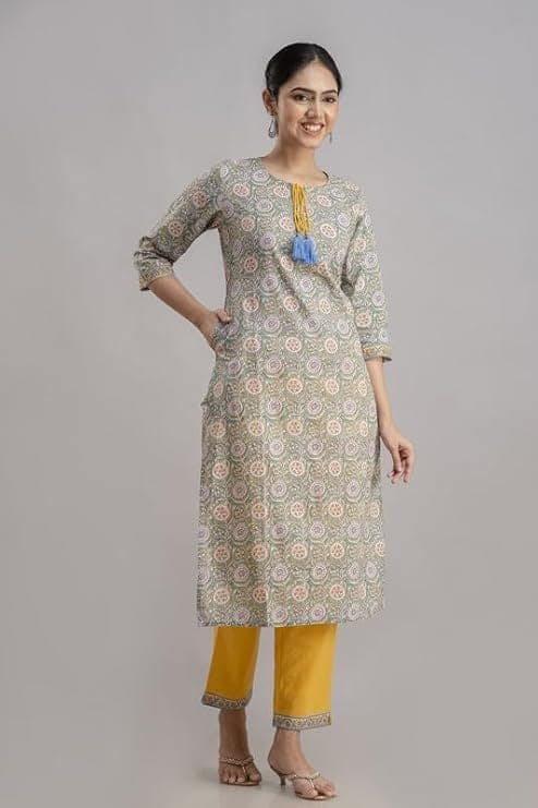 Yellow and Green printed kurti and pant set view 4
