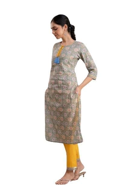 Yellow and Green printed kurti and pant set view 5