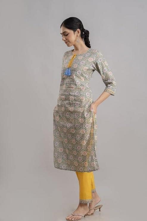 Yellow and Green printed kurti and pant set view 7