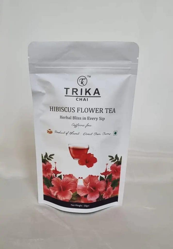 "TRIKA CHAI Hibiscus Flower Tea - Herbal Bliss in Every Sip, Caffeine-Free, Product of Bharat, Direct From Farms, 50gm" view 3