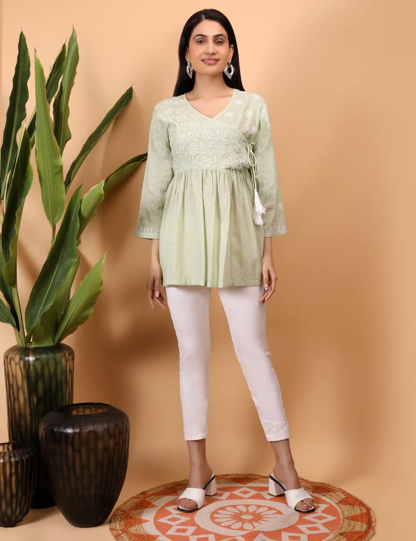 shwet green white women chikankari angarkha top