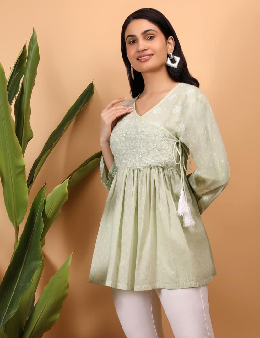 shwet green white women chikankari angarkha top view 3