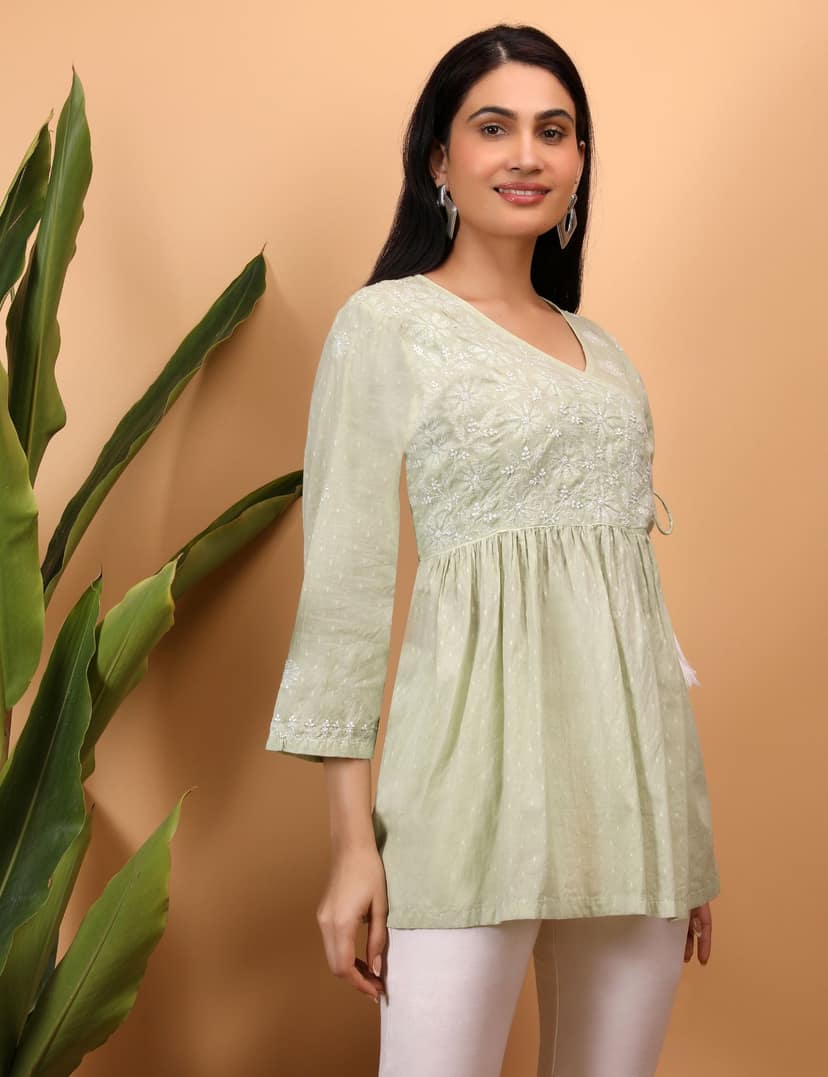 shwet green white women chikankari angarkha top view 4