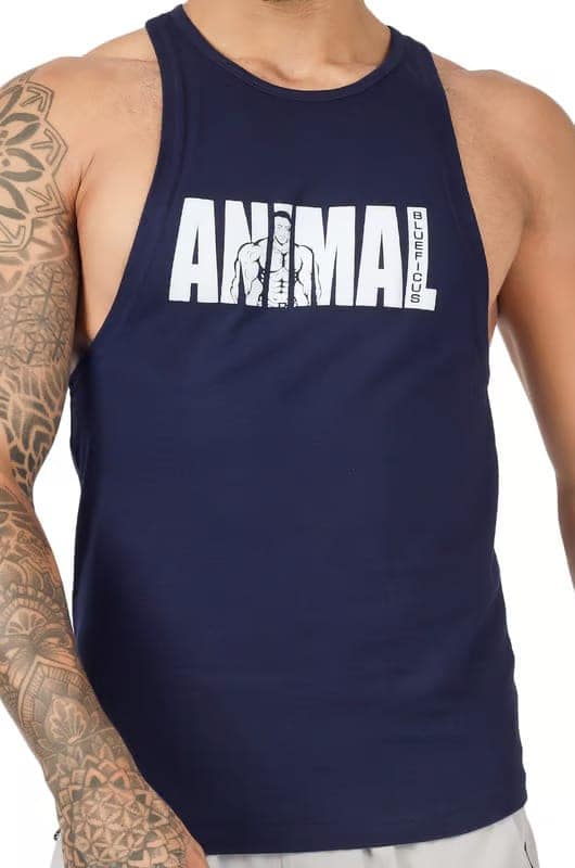 BLUEFICUS Men's GymVest Workout and Muscle Tank Top for Bodybuilding Running Weight Lifting Made by Dryfit Polyester Fabric (Grey & Dark Blue) (Pack of 2) view 4