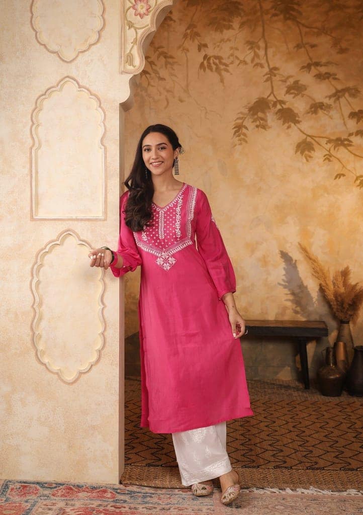Chanderi Chikankari Solid Women's Long Kurta - Pink view 3