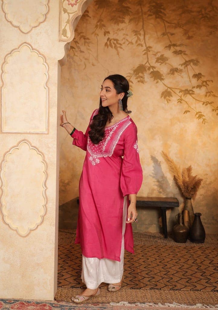 Chanderi Chikankari Solid Women's Long Kurta - Pink view 6
