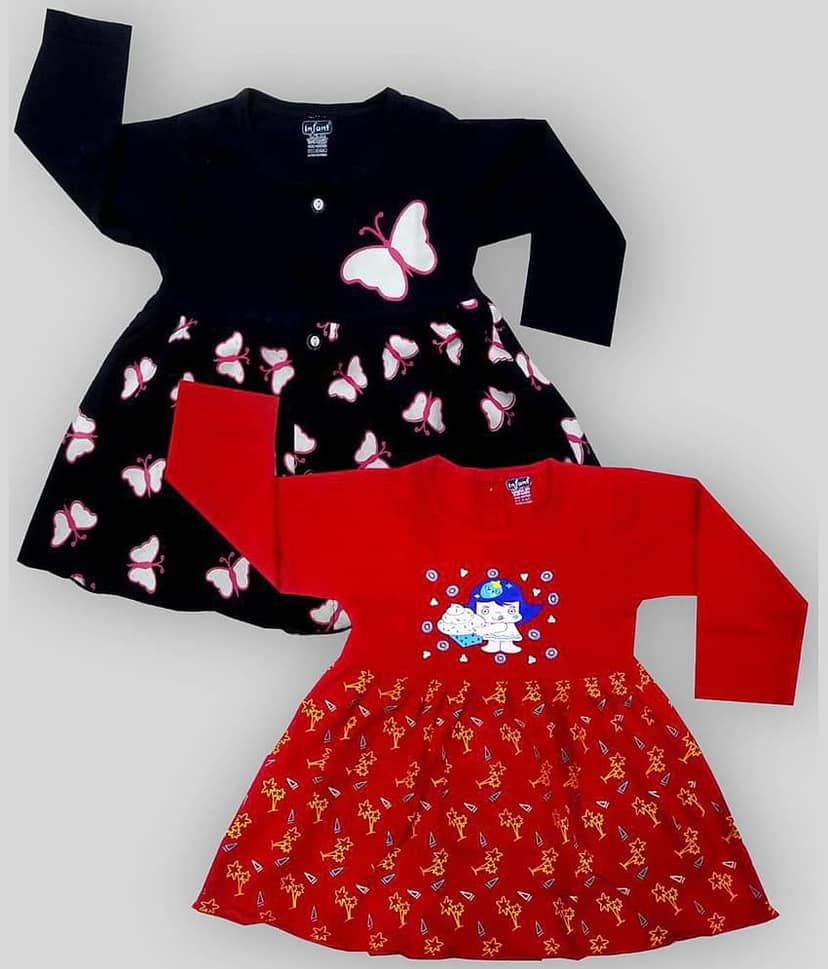 INFANT Pack of 2 Baby Girls 100% Cotton Frocks ( Blue & Red )