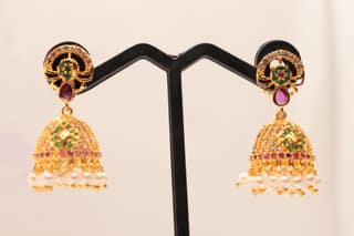 Jhumka Earrings with Ruby and Emerald Stones and Pearl Drops