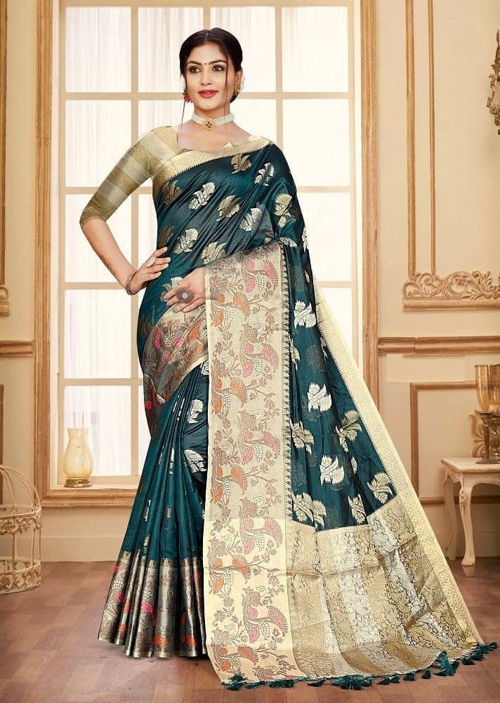 Woven Art Silk Saree in Teal Blue