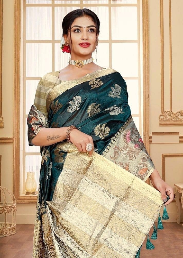 Woven Art Silk Saree in Teal Blue view 2