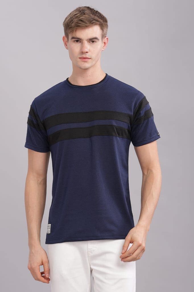 Men Striped Round Neck Polyester Grey T-Shirt