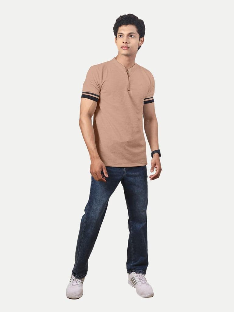 Men Solid Tees Henley Neck- Beige Colour view 3