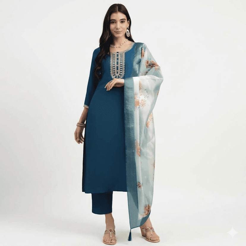Elegant Teal Blue Embroidered Kurta Pant Set with Chanderi Digital Dupatta for Women