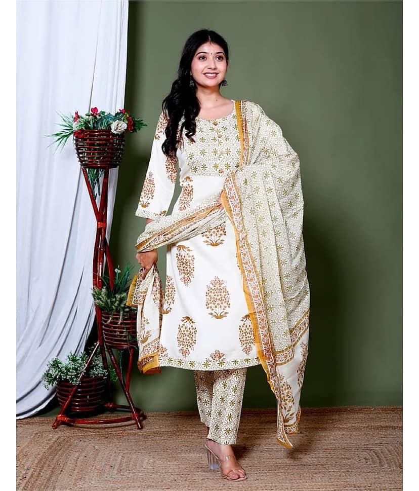 The Kurti Point Rayon Printed Kurti With Pants Women's Stitched Salwar Suit - White ( Pack of 1 )