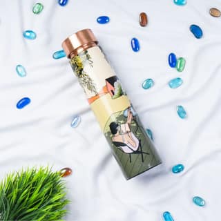 Sowpeace designer copper bottle “Trendy bottle sporting abstract designs” for kitchen and dining, premium designed bottles as serveware, for gifting. (Outdoor lawn-inspired stylish copper bot