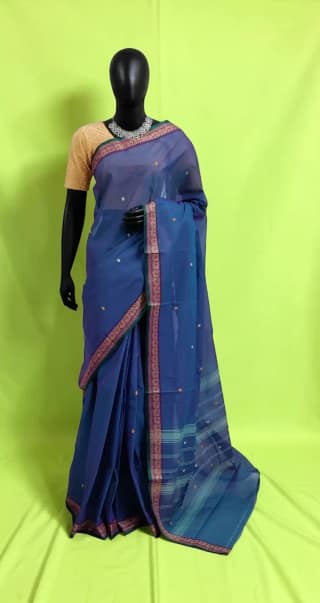 Handwoven Kanchipuram Cotton-Silk Saree in Deep Blue with Golden Border