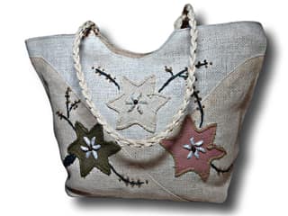 SS Eco-Life Light Weight Jute Tote Handbag for Women. Multicolour star flower Hand stitched and added decorative beads design.