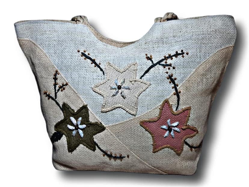 SS Eco-Life Light Weight Jute Tote Handbag for Women. Multicolour star flower Hand stitched and added decorative beads design. view 2