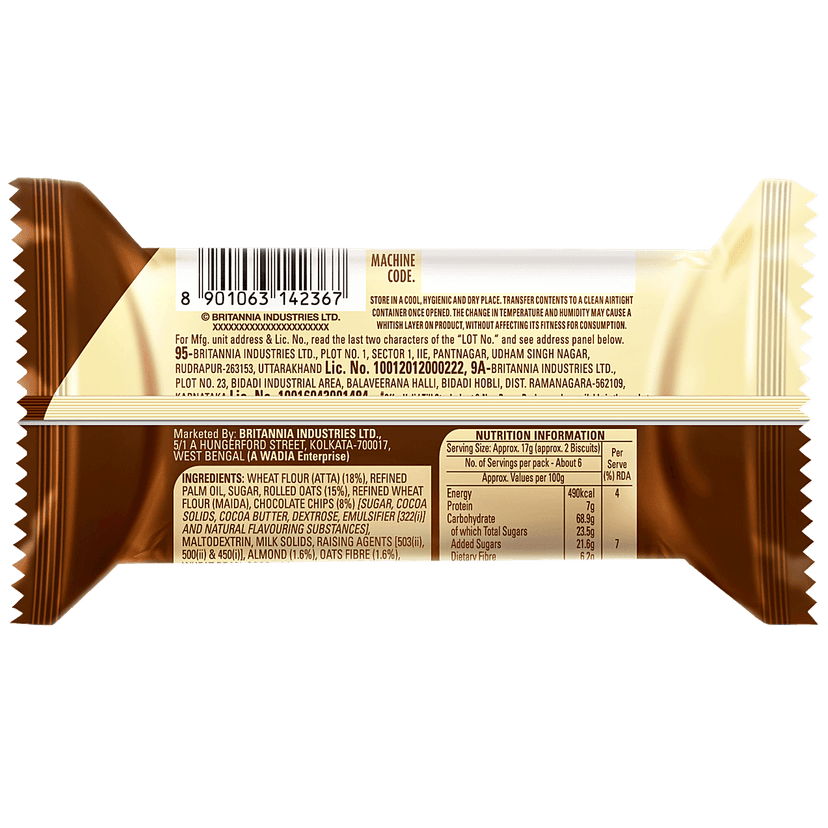 Britannia Nutrichoice Oats Cookies - Chocolate & Almonds, Fibre Rich, Healthy Snack, 75 G view 2