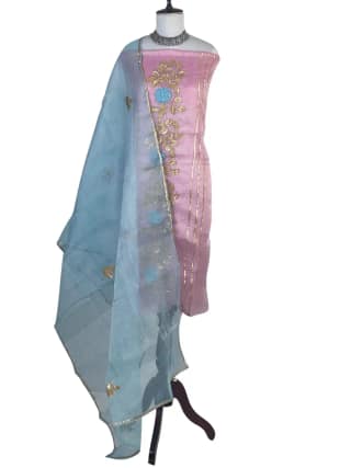Kota Doria Dress Material Light Lilac Gold Rose Vine