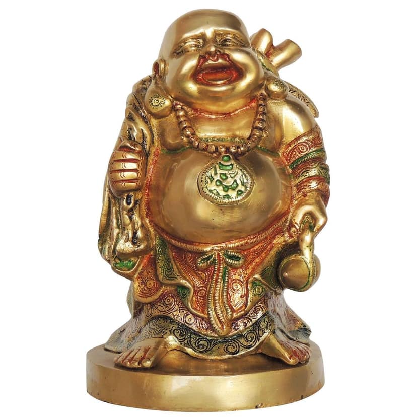 Brass Laughing Buddha Idol - Feng Shui God of Wealth Statue, Height : 10.5 Inch (BSMAS036 G) view 2