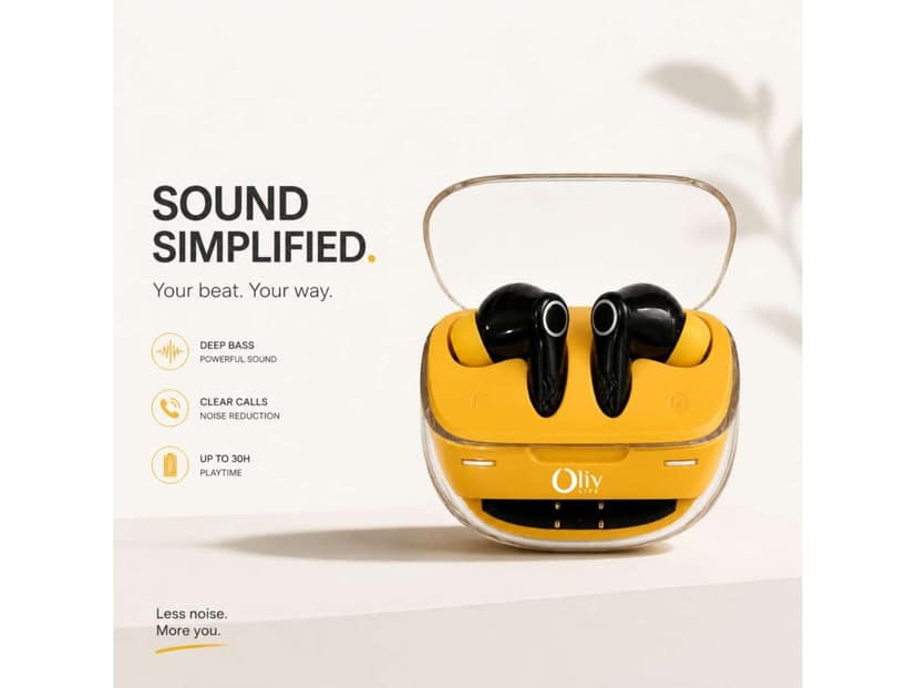 OlivLife NERO True Wireless Earbuds, Bluetooth 6.0 in-Ear Headphones with ENC Mic, 14H Playtime, Deep Bass, Premium Sound, Type-C Fast Charging Case - Yellow view 3