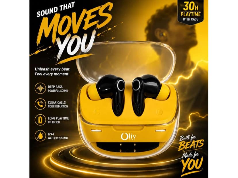 OlivLife NERO True Wireless Earbuds, Bluetooth 6.0 in-Ear Headphones with ENC Mic, 14H Playtime, Deep Bass, Premium Sound, Type-C Fast Charging Case - Yellow view 4