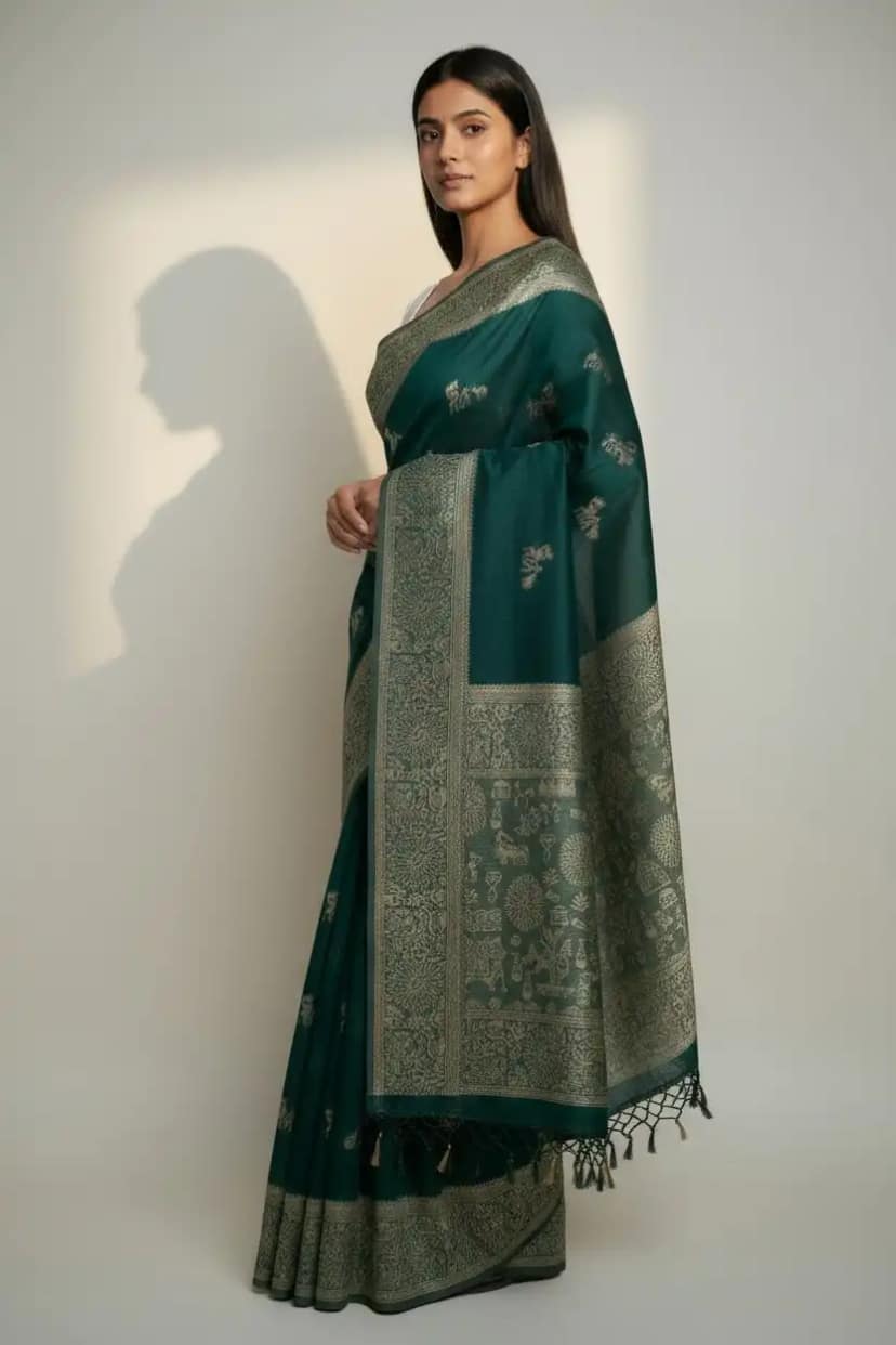Sambalpuri Baandha Ikat Handloom Cotton Saree in Deep Green view 2