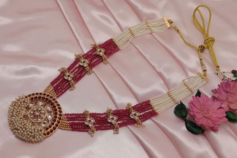Traditional Pearl & Ruby Gold Plated Choker Necklace Set with Jhumka Earrings view 3