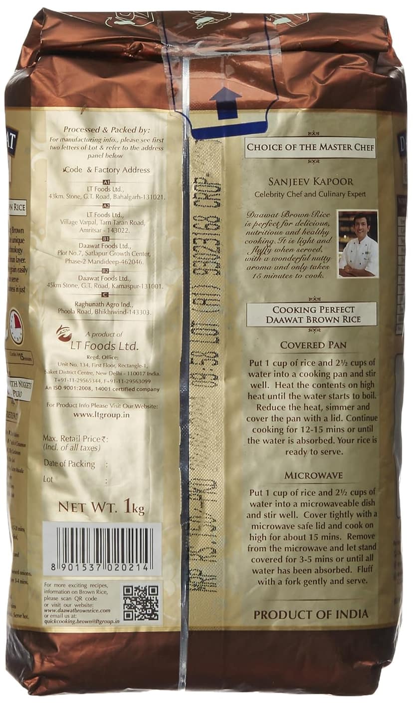 Daawat Brown Basmati Rice, 1Kg, Poly Pouch view 2